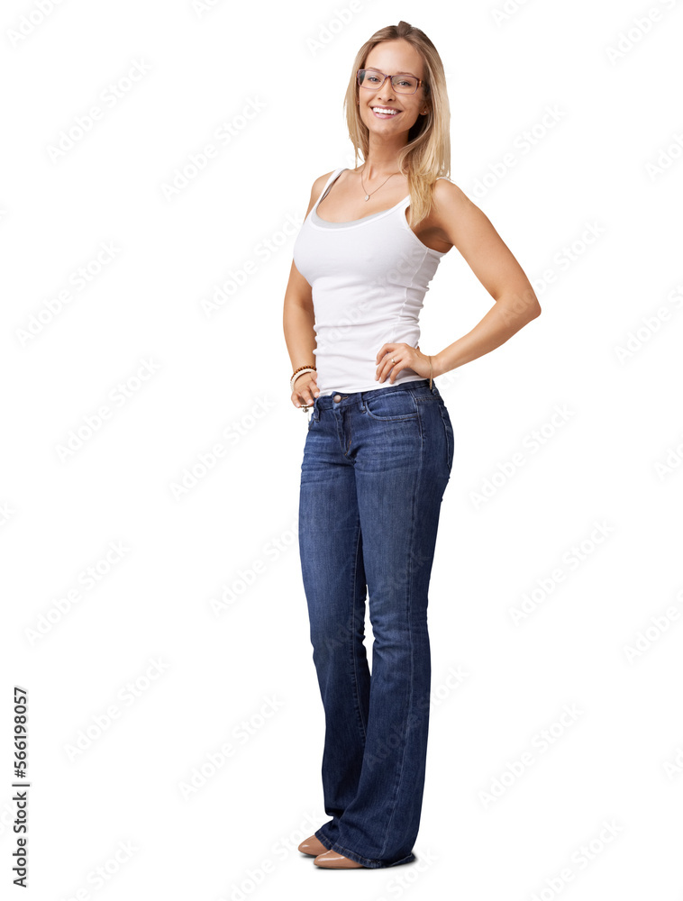 Full length of a confident young woman in blue jeans standing with her hands on her hips isolated on a PNG background. Full length of a confident young woman in blue jeans standing with her hands on her hips isolated on a PNG background.