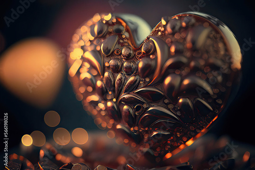 Beautiful golden heart on a dark background with golden bokeh, Generative AI