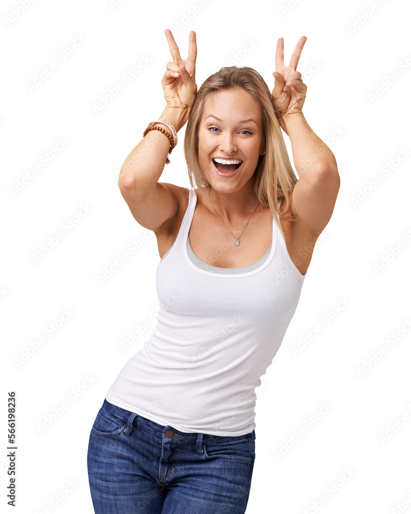 PNG of a playful young woman making bunny ears and smiling isolated on a PNG background.