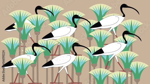 A flock of sacred ibis in a field of lotus flowers, inspired by ancient Egyptian drawings - Illustration Vector background