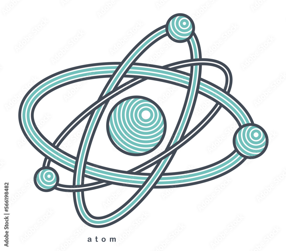 Atom vector symbol in modern linear style isolated on white, science icon or logo of elementary particle, physics education learning theme.