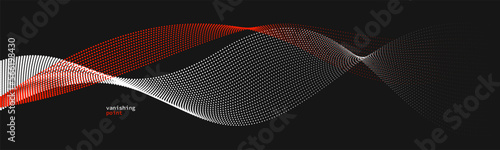 Abstract background vector illustration, red and black dots in motion by curve lines, particles flow wave isolated, monochrome black and white illustration.