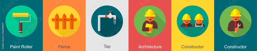 A set of 6 construction icons as paint roller, fence, tap A set of 6 construction icons as paint roller, fence, tap
