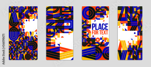 Abstract covers vector designs set, geometric modern art theme, colorful artistic illustrations as a backgrounds with places for text.