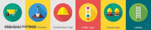 A set of 6 construction icons as wheel barrow, dough cement, construction cap