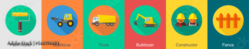 A set of 6 construction icons as paint roller, bulldozer, truck