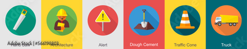 A set of 6 construction icons as hand saw, architecture, alert