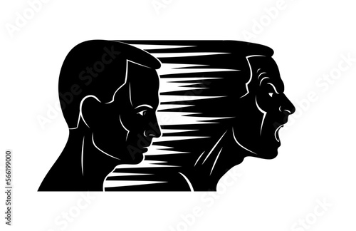 Anxiety inner conflict and suspended anger mental health vector conceptual illustration or logo visualized by man face profile and other profile comes from first with scream and shout.