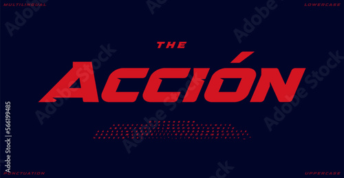 Bold red dynamic alphabet, sport sans typeface, impactful versatile font for speed logo, action headline, powerful racing typography, game design. Vector typographic design
