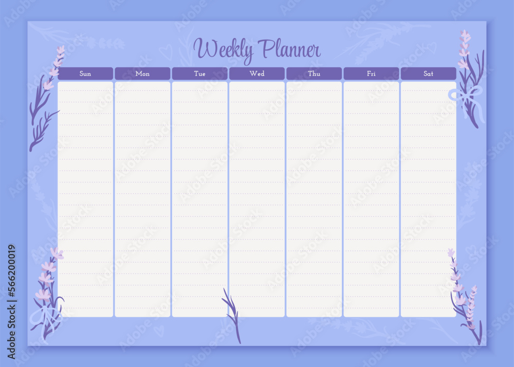 Vector weekly planner design template. Elegant cute lavender flowers ...