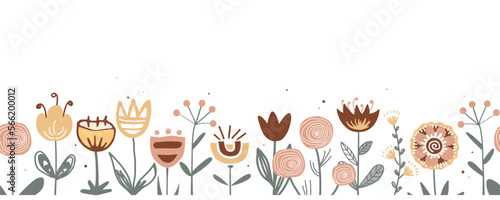 Fairy flowers border in Scandinavian folk style, seamless vector pattern. Repeating doodle flower meadow background. Design for fabric, cards, wallpaper, home decor, craft packaging