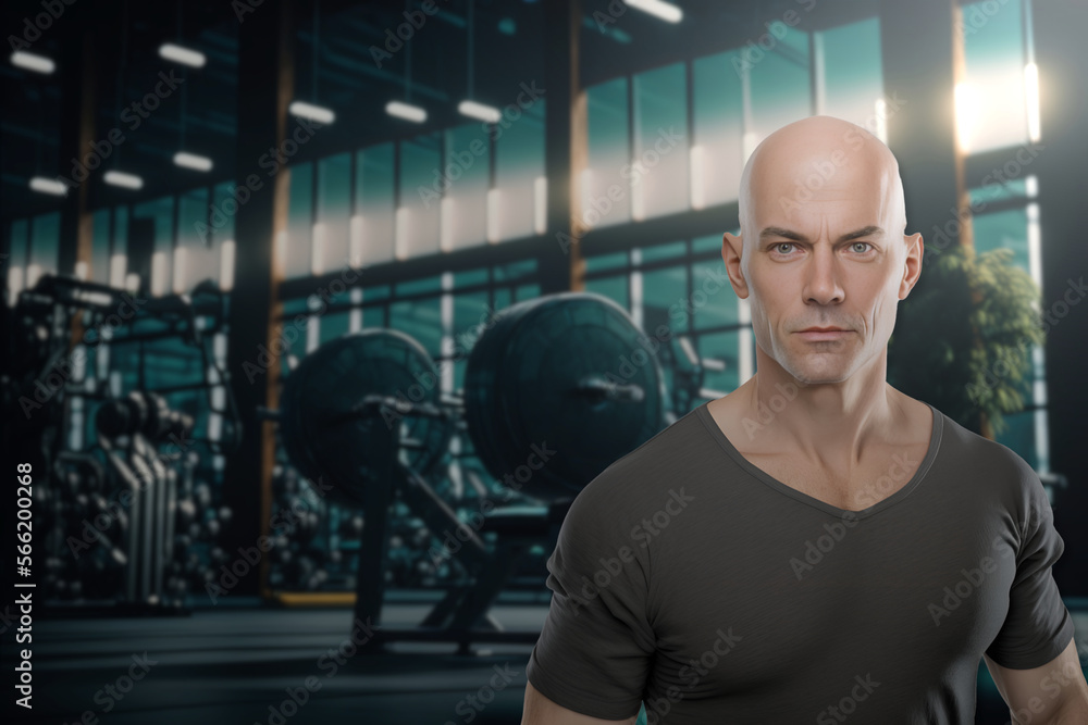 A fictional bald gym coach in a gym. Illustration of a person generated by AI.