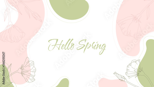 Hello Spring. Trendy abstract background with fluid shapes and floral element in pastel green colors. Modern line wave for presentation, wrapper, poster, blog, wallpaper, wedding. Vector illustration.