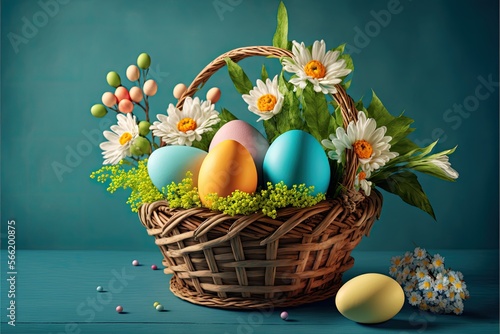 Easter eggs and spring flowers in a basket. Easter card. Generative ai illustration