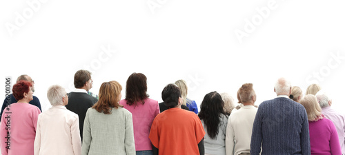 Rear view of a casual group of people looking on blank