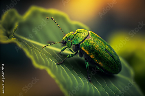 Illustration Of Bright Green Insect Wtih Green Leaves In Garden. Generative Ai © Naseem