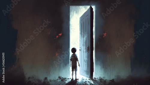 child standing in a dark place and opening a door lit from within, digital art style, illustration painting