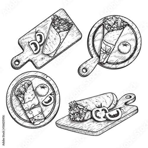 Hand drawn sketch style burrito on  wooden boards set. Traditional Mexican and oriental street food. Food wrap. Vector illustration.