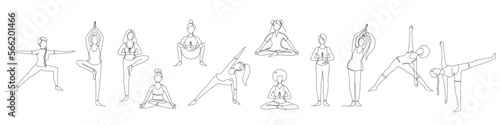 Set of single line drawings of a girl sitting and standing in a yoga pose. Doodle illustrations of relaxing workout bundle.