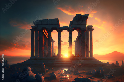 Sunset on the ruins of an ancient greek temple