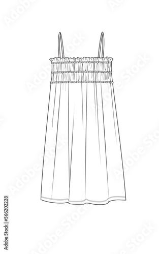 woman thin strap shirred summer dress technical drawing vector