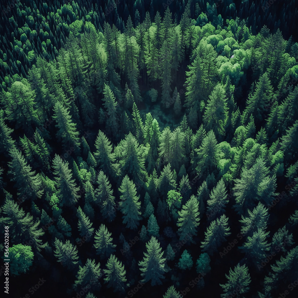 Forest landscape view from above, moody trees
