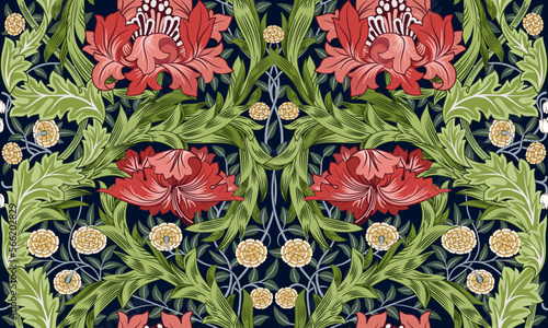Red big flowers with foliage seamless ornament on dark background. Vector illustration.