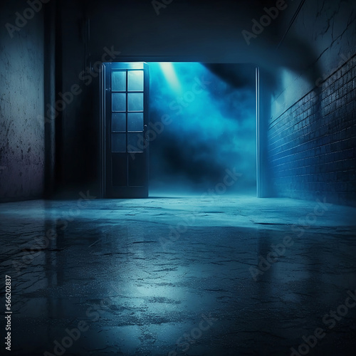 A dark empty abandoned building  dark blue background  an empty dark scene  neon light  spotlights. Interior night view