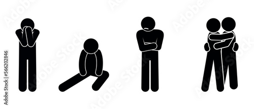 sad people icons set, man sitting, illustration stick figure human silhouette, comfort and care