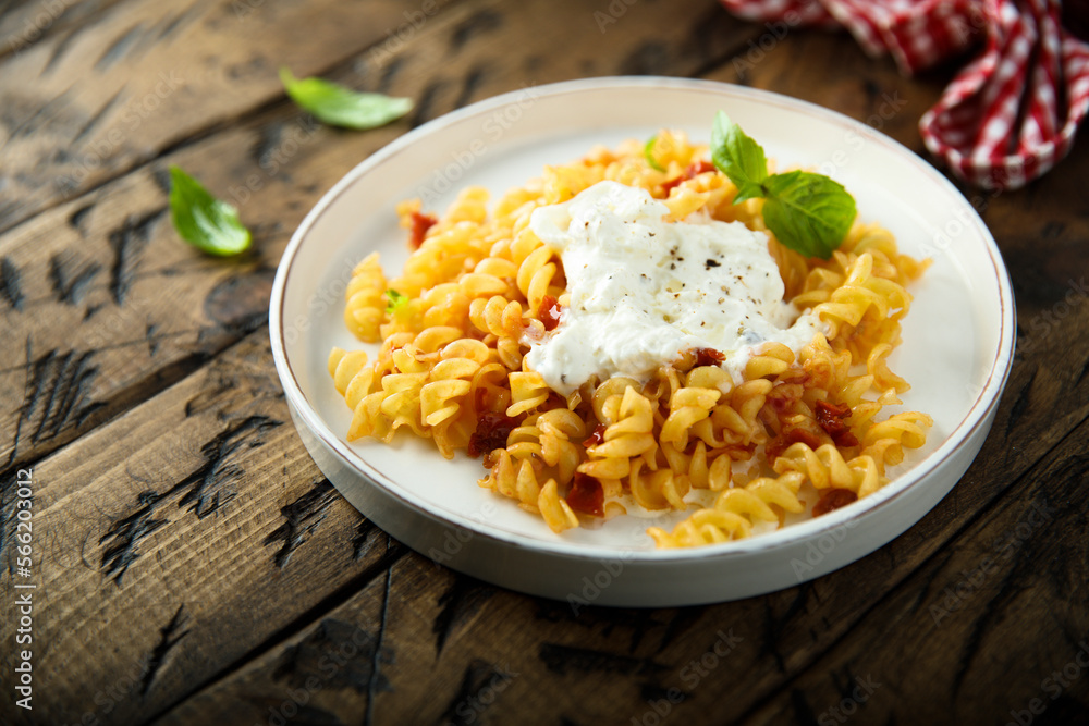 Pasta with tomatoes and fresh cheese Pasta with tomatoes and fresh cheese