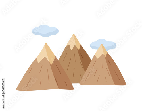 Icon of a mountain with clouds, doodle cartoon vector. The illustration is isolated on white.