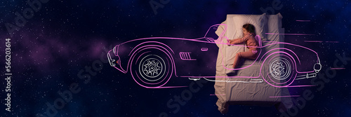 Creative design with line art over space background. Little girl, kid sleeping and driving car i her dreams. Speed and travelling. Fantasy, childhood, creativity, imagination, relaxation concept
