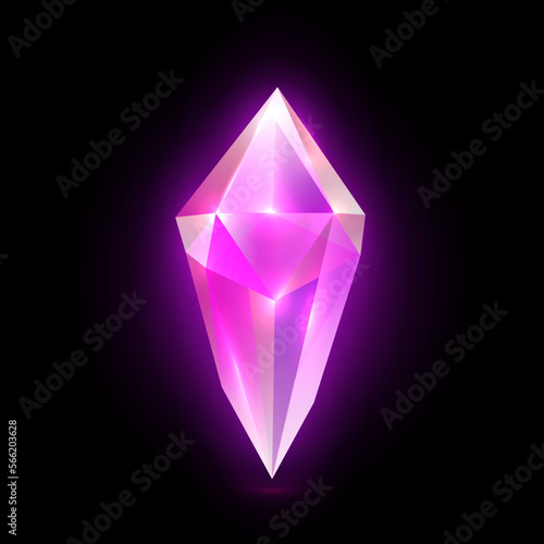 Pink opal or rose quartz, isolated brilliant or glowing crystal with facets and sides. Rock mineral and precious stones for jewelry. Vector in realistic style
