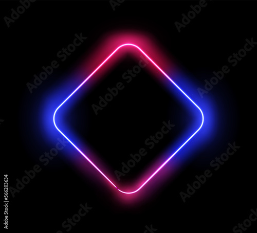 Neon frame in shape of rhombus, isolated glowing border with highlight shining line. Sign or banner with copy space. Vector in realistic style illustration