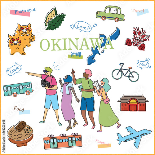 日本の沖縄県のグルメ観光を楽しむ旅行客とアイコンのセット（線画）