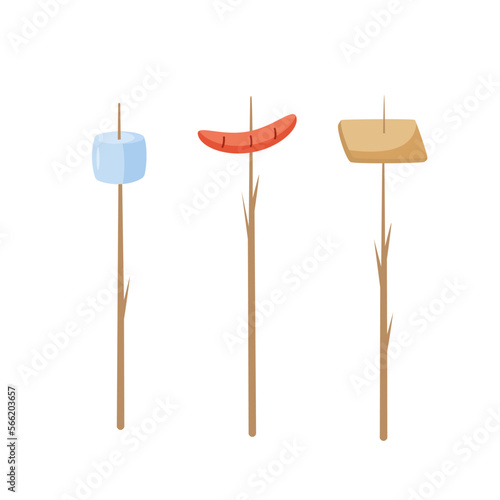 Sausage, bread and marshmallows on a branch. Fried food on a campfire, a snack on a hike, camping. Doodle vector illustration.