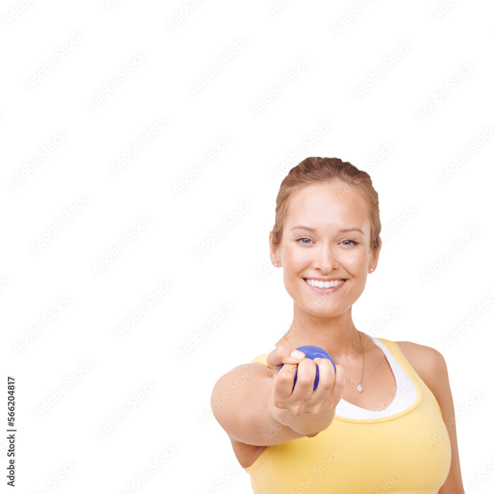 Portrait of an attractive fit young woman squeezing a stress ball isolated on a PNG background. Portrait of an attractive fit young woman squeezing a stress ball isolated on a PNG background.