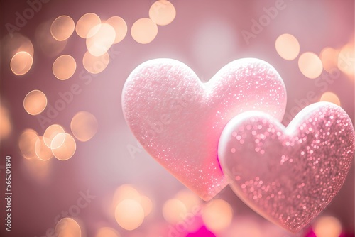 shiny pink hearts bokeh lights abstract background, Generative AI