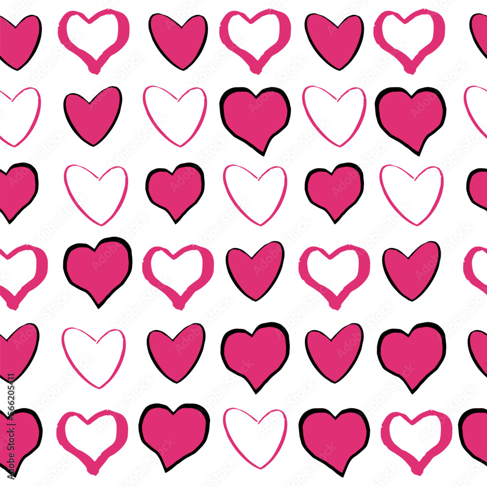 Heart pink romantic doodle seamless pattern with black hearts. Shape on white background in hand drawn hipster grunge style.
