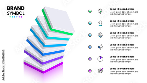 Infographic template. Isometric tower with 6 steps. Vector