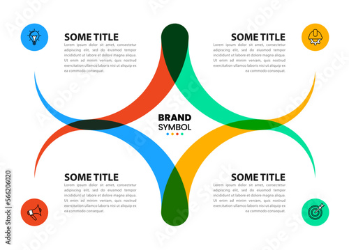 Infographic template. Abstract shape with 4 icons and text