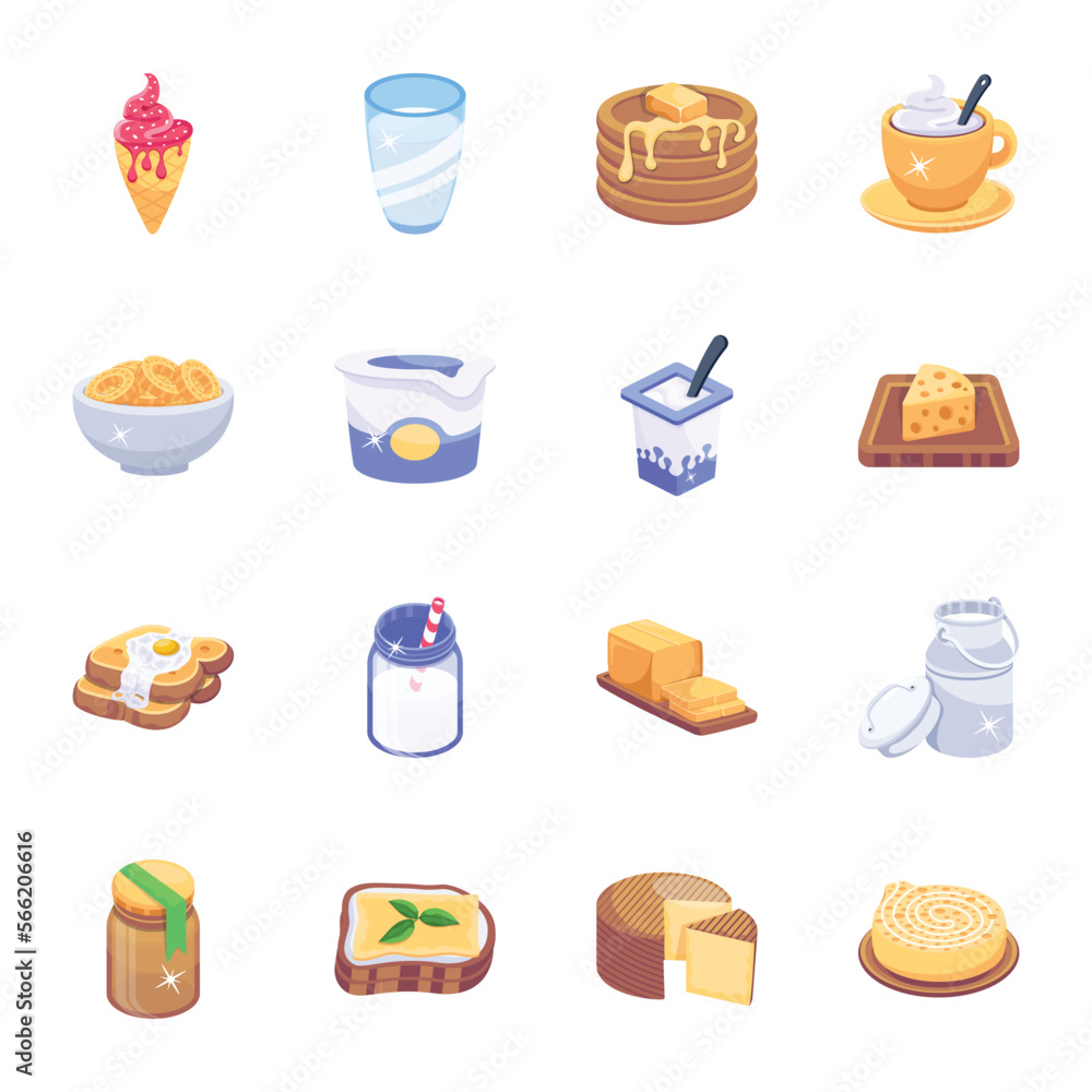 Trendy 2D Icons of Dairy Products
