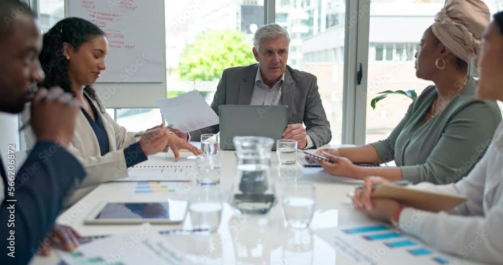 CEO, meeting or business people planning a financial strategy for growth, goals or mission targets. Team work, leadership or boss listening to branding ideas from employees to increase company sales CEO, meeting or business people planning a financial strategy for growth, goals or mission targets. Team work, leadership or boss listening to branding ideas from employees to increase company sales