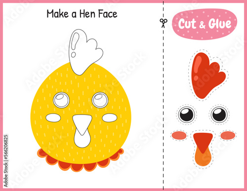 Make a hen face funny game for kids. Cut and glue educational activity page. Matching game with chicken animal. Vector illustration