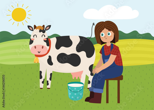On the farm poster with cute girl milking a cow. Green meadow with farm characters in cartoon style. Pasture landscape. Countryside background. Vector illustration