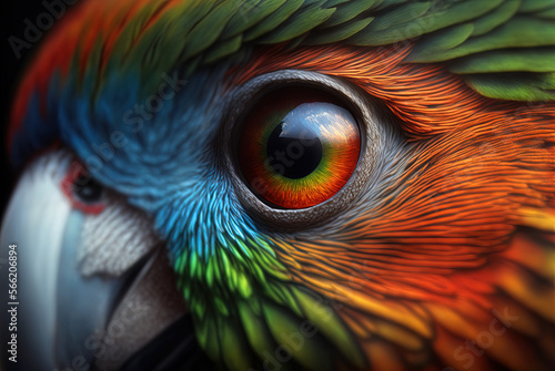 A closeup of a parrot's eye with ethereal. Generative AI.