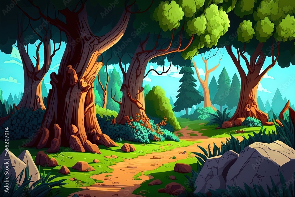 computer game environment with a never-ending woodland area depicted in ...