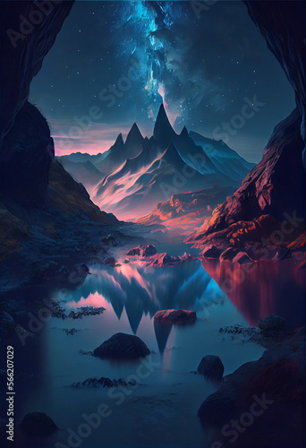 Mountain. Realistic Style.Rivers and lightning.Concept Art Scenery. Book Illustration. Video Game Scene. Serious Digital Painting. CG Artwork Background. Generative AI 