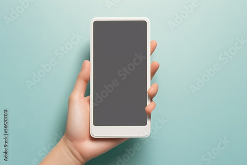 Mockup of female hand holding cell phone with blank screen. generative IA