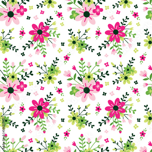 Seamless vector floral pattern in flat style on white background. Ornament for fabric and wrapping paper with pink, green and yellow small flowers
